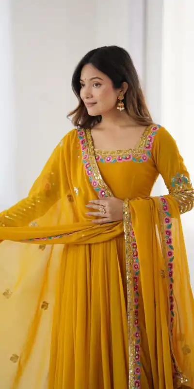 Yellow Georgette Multi Thread Work Gown | Jump Suits, Salwar suit, Casual Suits, Creative suits, Designer Suits, Palazzo Suits, Party Wear Suits, Patiala Suits, Straight Suits