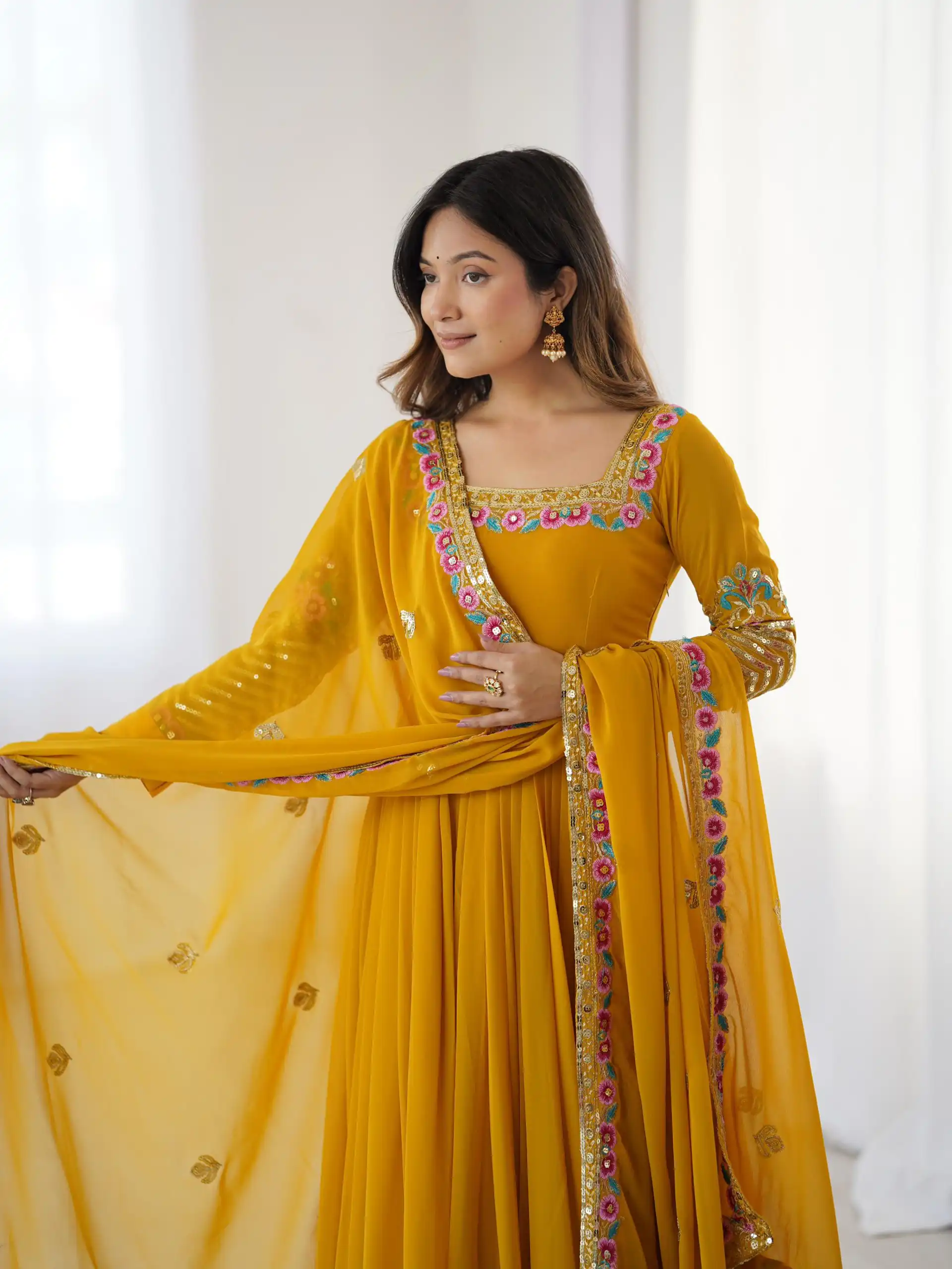 Yellow Georgette Multi Thread Work Gown | Jump Suits, Salwar suit, Casual Suits, Creative suits, Designer Suits, Palazzo Suits, Party Wear Suits, Patiala Suits, Straight Suits