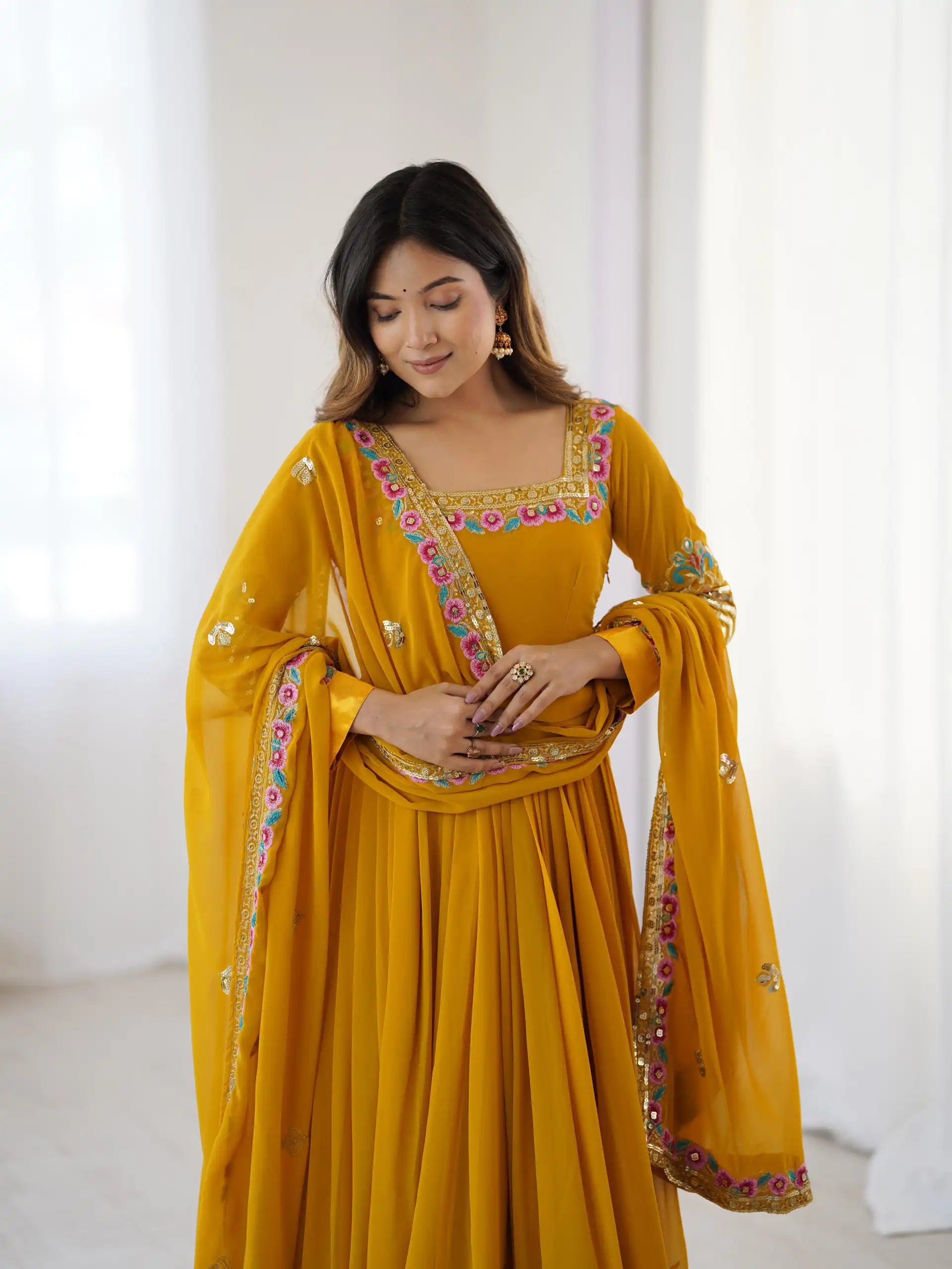 Yellow Georgette Multi Thread Work Gown | Jump Suits, Salwar suit, Casual Suits, Creative suits, Designer Suits, Palazzo Suits, Party Wear Suits, Patiala Suits, Straight Suits