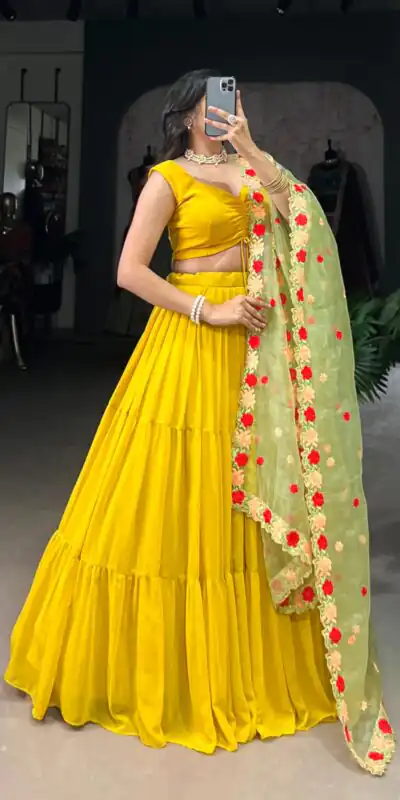 Yellow Georgette Plain Lehenga Choli | Lehenga, Bollywood Lehenga, Creative Lehenga, Designer Lehenga, Embroidered Lehenga, Party Wear Lehenga