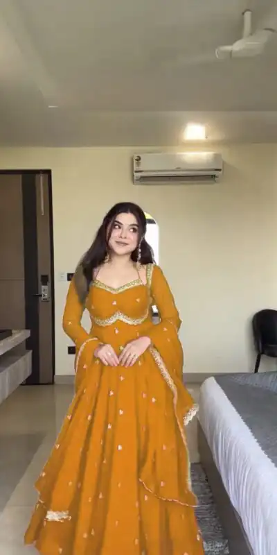 Yellow Georgette Sequence Gown | Gowns, Bollywood Gowns, Creative Gowns, Designer Gowns, Embroidered Gowns, Party Wear Gowns