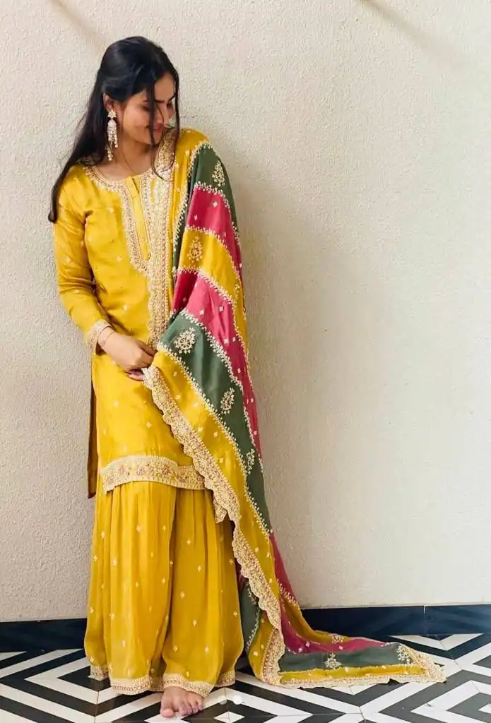 Yellow Georgette Sequins Work Embroidery Slawar Suit | Salwar suit, Casual Suits, Creative suits, Designer Suits, Palazzo Suits, Party Wear Suits, Patiala Suits, Straight Suits