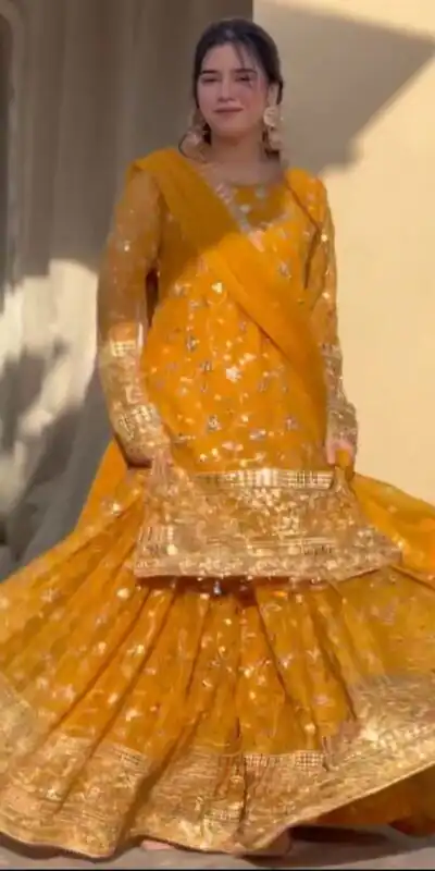 Yellow Georgette Thread 9mm Sequence Salwar Suit | Jump Suits, Salwar suit, Casual Suits, Creative suits, Designer Suits, Palazzo Suits, Party Wear Suits, Patiala Suits, Straight Suits