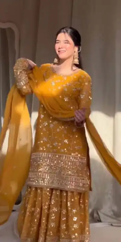 Yellow Georgette Thread 9mm Sequence Salwar Suit | Jump Suits, Salwar suit, Casual Suits, Creative suits, Designer Suits, Palazzo Suits, Party Wear Suits, Patiala Suits, Straight Suits