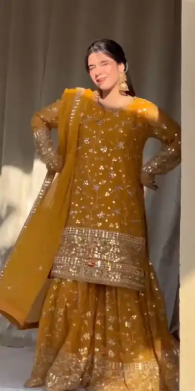 Yellow Georgette Thread 9mm Sequence Salwar Suit | Jump Suits, Salwar suit, Casual Suits, Creative suits, Designer Suits, Palazzo Suits, Party Wear Suits, Patiala Suits, Straight Suits