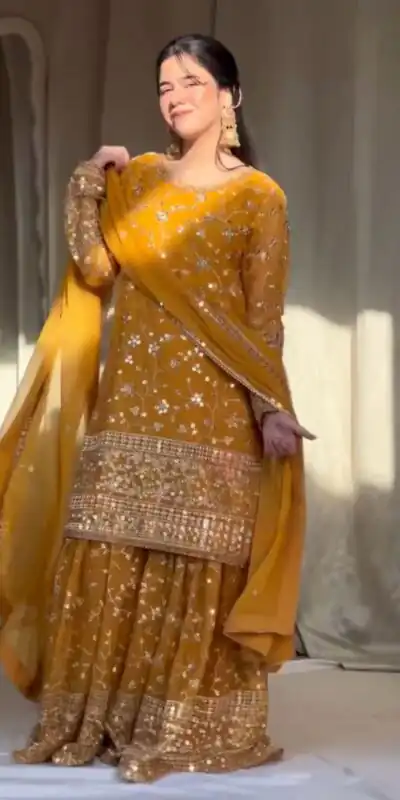 Yellow Georgette Thread 9mm Sequence Salwar Suit | Jump Suits, Salwar suit, Casual Suits, Creative suits, Designer Suits, Palazzo Suits, Party Wear Suits, Patiala Suits, Straight Suits