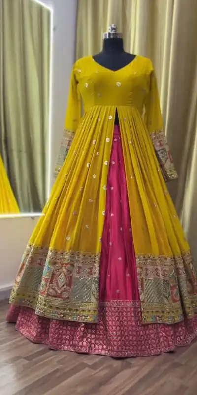 Yellow Georgette Thread Sequence Lehenga Choli | Lehenga, Bollywood Lehenga, Creative Lehenga, Designer Lehenga, Embroidered Lehenga, Party Wear Lehenga