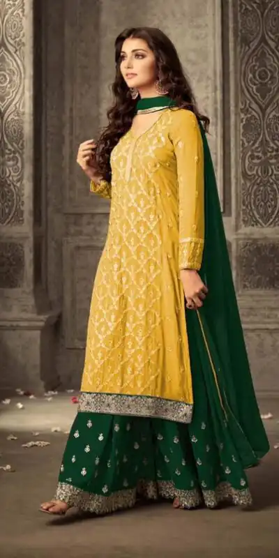 Yellow Georgette With Embroidery Work With Stone Salwar Suit | Jump Suits, Salwar suit, Casual Suits, Creative suits, Designer Suits, Palazzo Suits, Party Wear Suits, Patiala Suits, Straight Suits