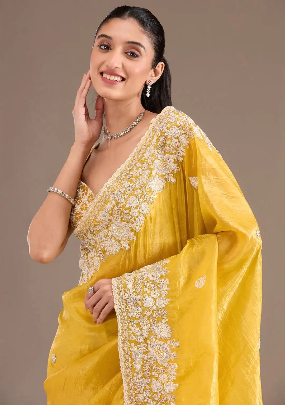 Yellow Gold Crush Sequins Work Border Saree | Sarees, Bollywood Sarees, Creative Sarees, Designer Sarees, Embroidered Sarees, Ethnic Saree, Modern Digital sarees, Party Wear Sarees