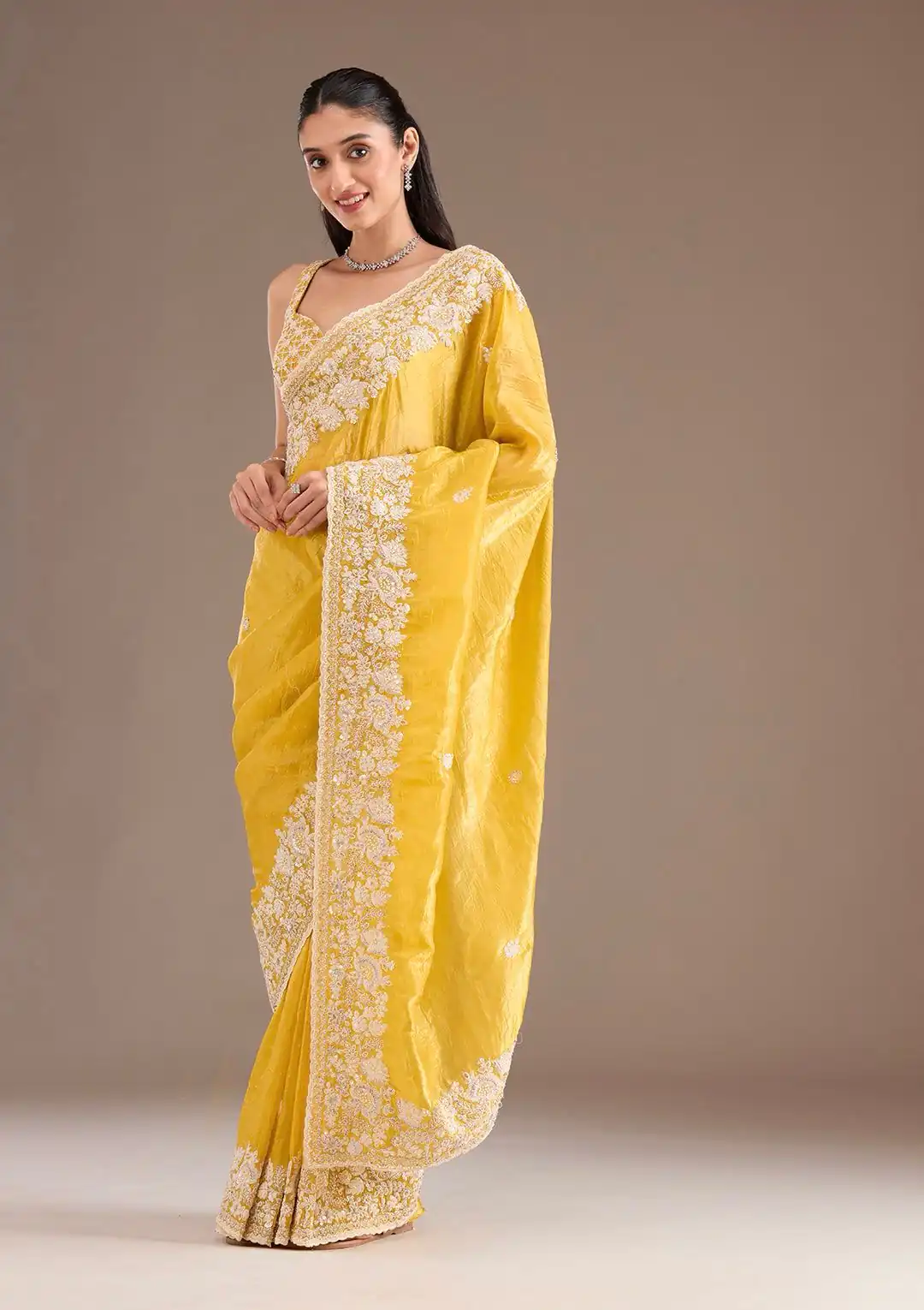 Yellow Gold Crush Sequins Work Border Saree | Sarees, Bollywood Sarees, Creative Sarees, Designer Sarees, Embroidered Sarees, Ethnic Saree, Modern Digital sarees, Party Wear Sarees