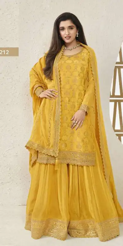 Yellow Jacquard Silk Chinon Multi Work Salwar Suit | Jump Suits, Salwar suit, Casual Suits, Creative suits, Designer Suits, Palazzo Suits, Party Wear Suits, Patiala Suits, Straight Suits