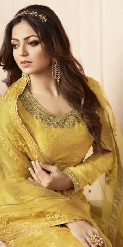 Yellow Jacquard Silk Georgette Diamond Sharara Suit | Jump Suits, Salwar suit, Casual Suits, Creative suits, Designer Suits, Palazzo Suits, Party Wear Suits, Patiala Suits, Straight Suits