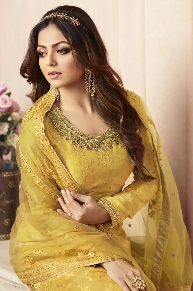 Yellow Jacquard Silk Georgette Diamond Sharara Suit | Jump Suits, Salwar suit, Casual Suits, Creative suits, Designer Suits, Palazzo Suits, Party Wear Suits, Patiala Suits, Straight Suits