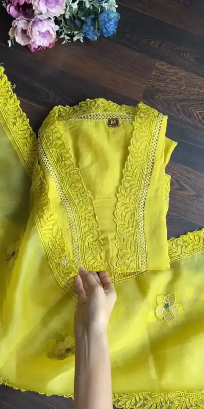 Yellow Maslin Thread Border Salwar Suit | Kurti, Bollywood Kurti, Creative Kurtis, Designer Kurti, Party Wear Kurti, Selfie Kurti