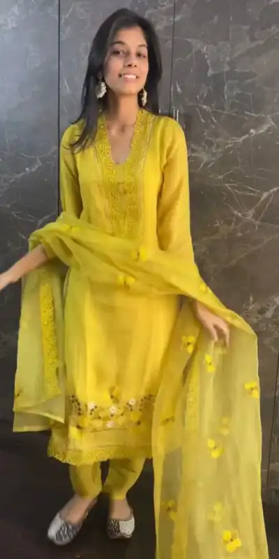 Yellow Maslin Thread Border Salwar Suit | Kurti, Bollywood Kurti, Creative Kurtis, Designer Kurti, Party Wear Kurti, Selfie Kurti