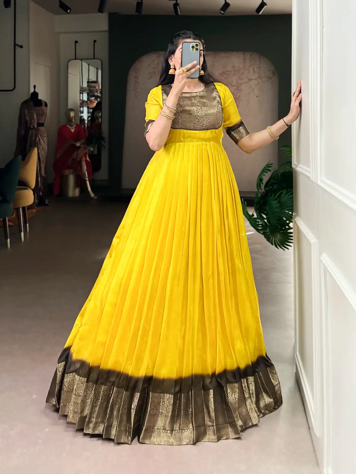 Yellow Mass Mello Zari Work Gown | Gowns, Bollywood Gowns, Creative Gowns, Designer Gowns, Embroidered Gowns, Party Wear Gowns