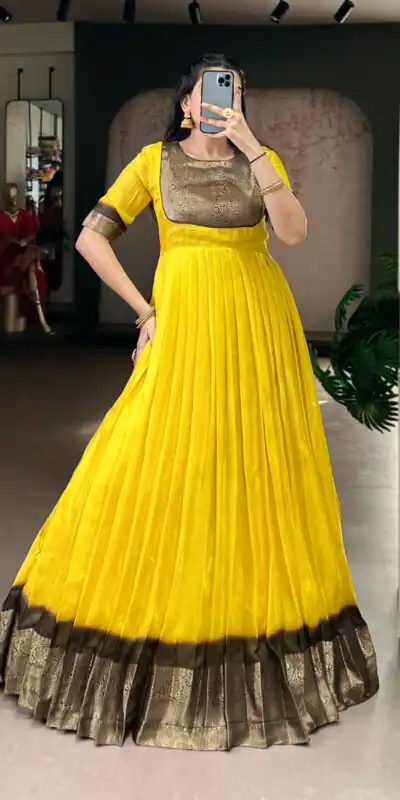 Yellow Mass Mello Zari Work Gown | Gowns, Bollywood Gowns, Creative Gowns, Designer Gowns, Embroidered Gowns, Party Wear Gowns
