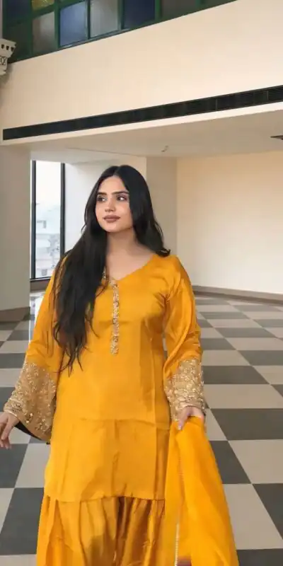 Yellow Natural Satin Silk Sequence Work Slawar Suit | Jump Suits, Salwar suit, Casual Suits, Creative suits, Designer Suits, Palazzo Suits, Party Wear Suits, Patiala Suits, Straight Suits