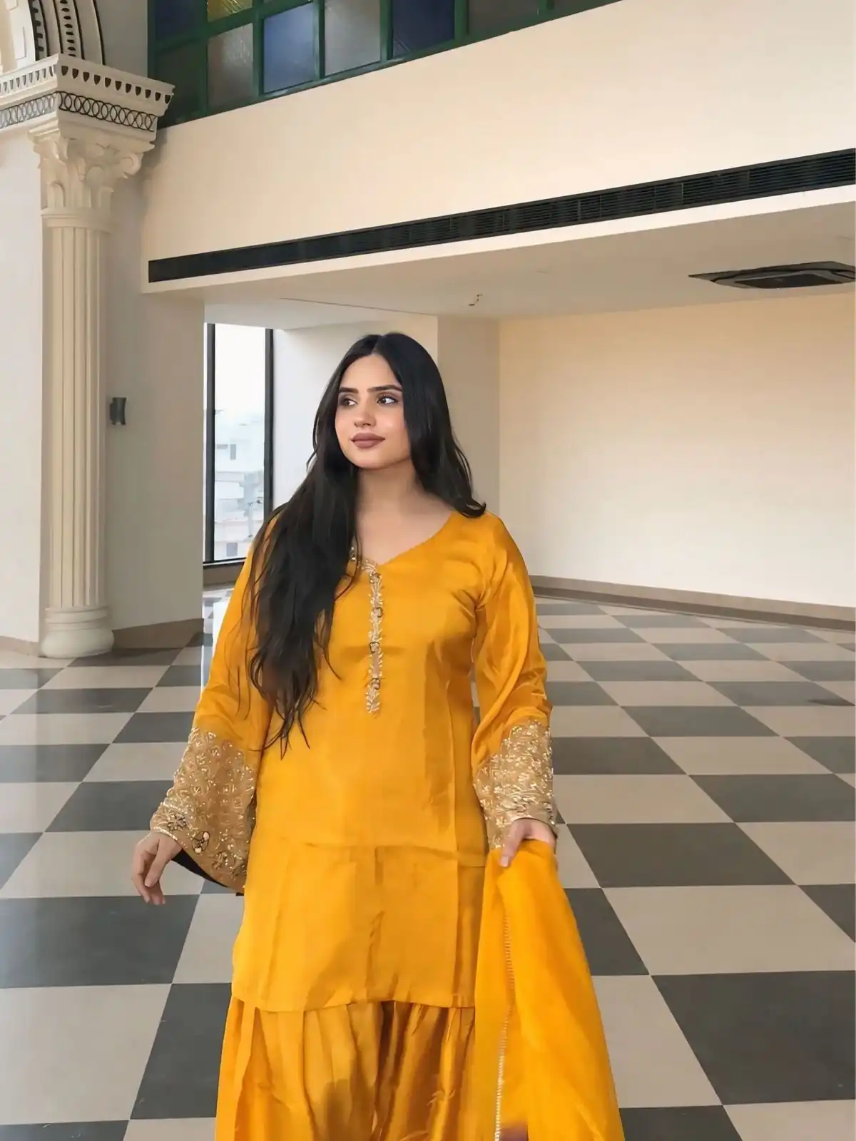 Yellow Natural Satin Silk Sequence Work Slawar Suit | Jump Suits, Salwar suit, Casual Suits, Creative suits, Designer Suits, Palazzo Suits, Party Wear Suits, Patiala Suits, Straight Suits