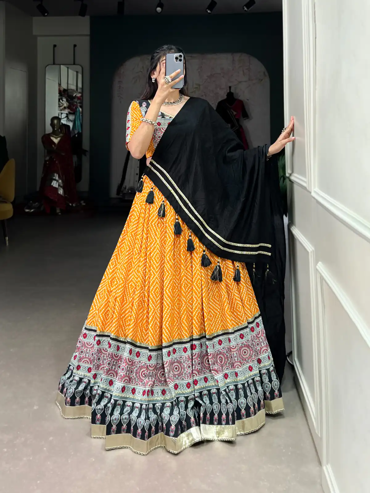 Yellow Rayon Ajarakh Print Lehenga Choli | Lehenga, Bollywood Lehenga, Creative Lehenga, Designer Lehenga, Embroidered Lehenga, Party Wear Lehenga