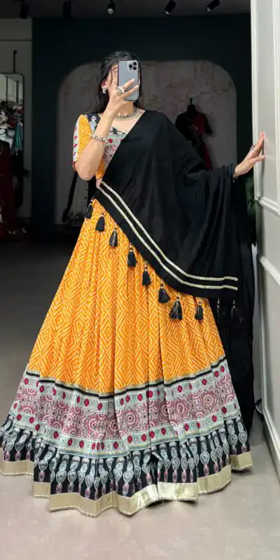 Yellow Rayon Ajarakh Print Lehenga Choli | Lehenga, Bollywood Lehenga, Creative Lehenga, Designer Lehenga, Embroidered Lehenga, Party Wear Lehenga