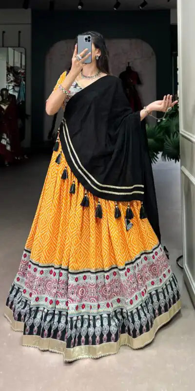 Yellow Rayon Ajarakh Print Lehenga Choli | Lehenga, Bollywood Lehenga, Creative Lehenga, Designer Lehenga, Embroidered Lehenga, Party Wear Lehenga