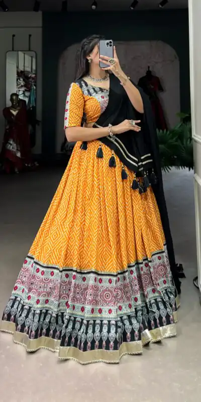 Yellow Rayon Ajarakh Print Lehenga Choli | Lehenga, Bollywood Lehenga, Creative Lehenga, Designer Lehenga, Embroidered Lehenga, Party Wear Lehenga