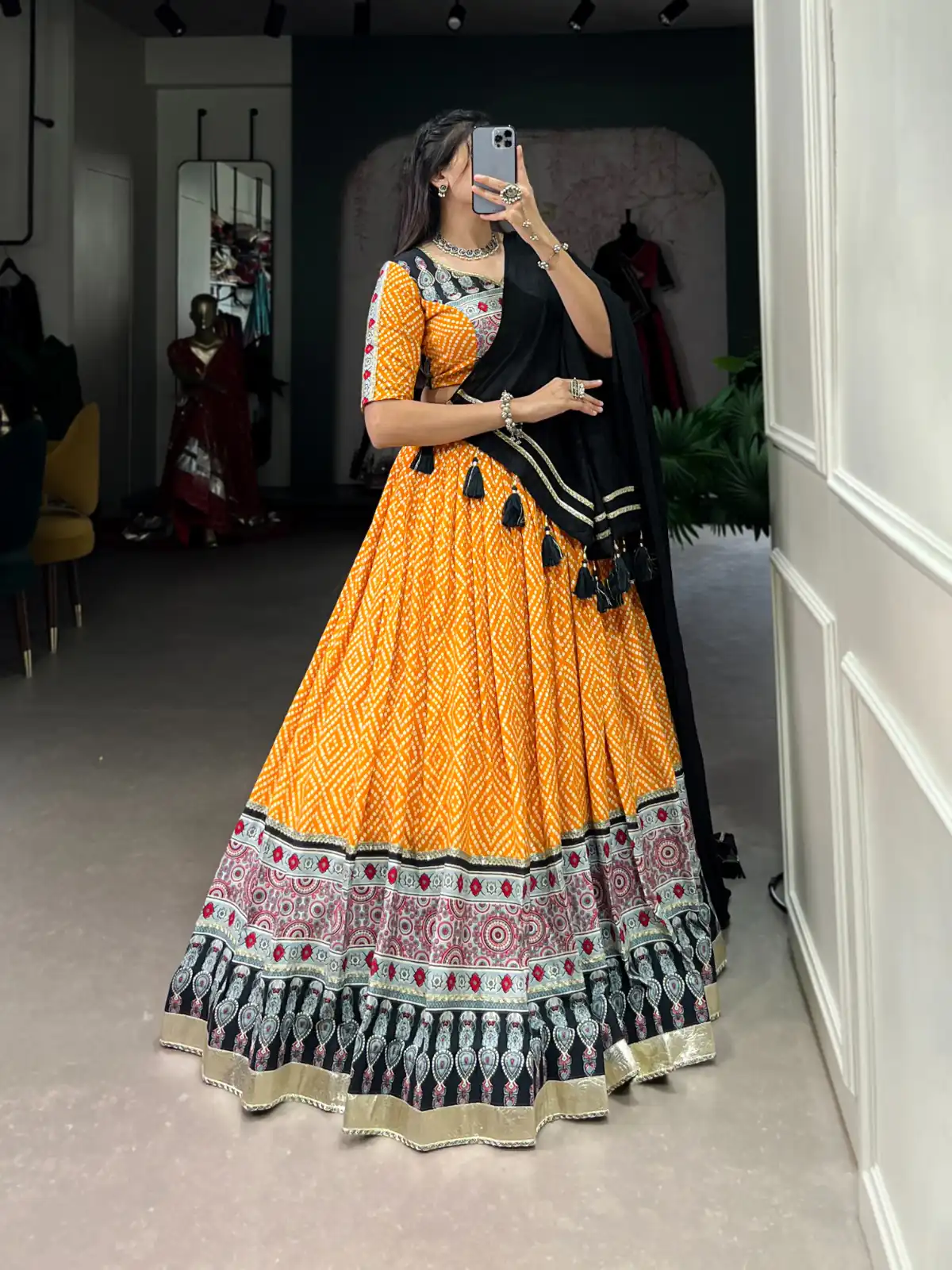 Yellow Rayon Ajarakh Print Lehenga Choli | Lehenga, Bollywood Lehenga, Creative Lehenga, Designer Lehenga, Embroidered Lehenga, Party Wear Lehenga