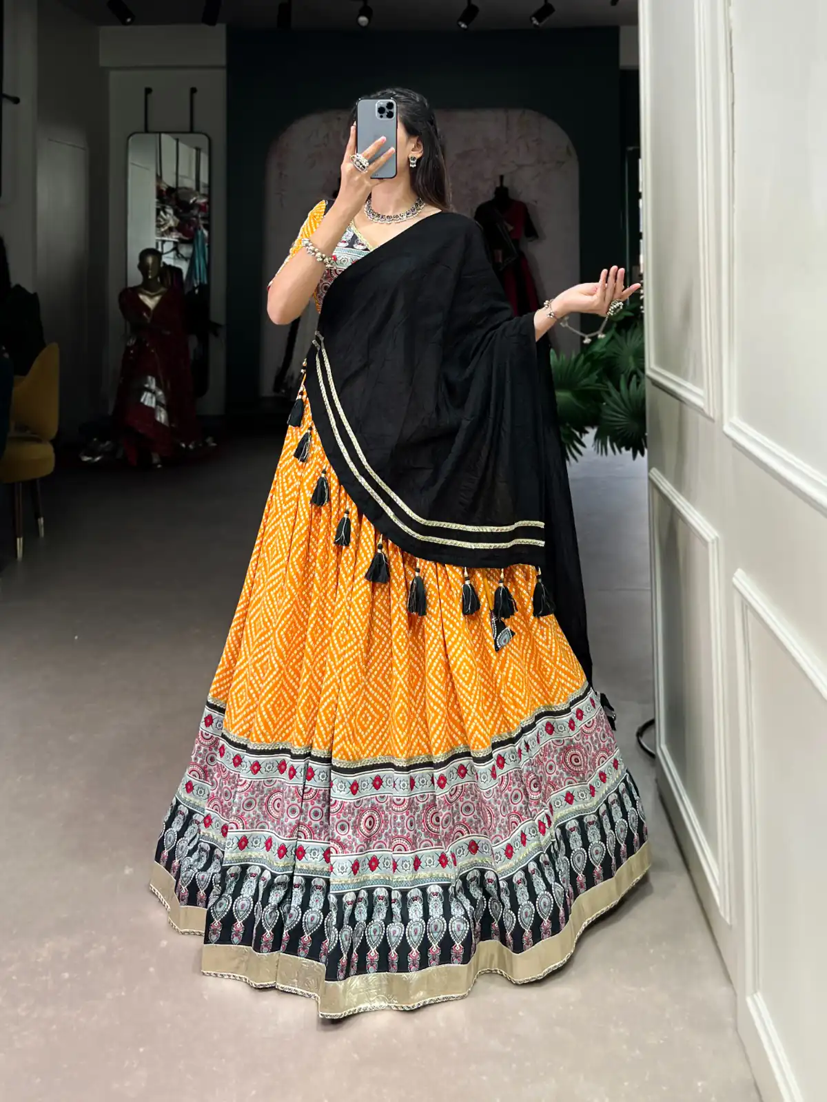 Yellow Rayon Ajarakh Print Lehenga Choli | Lehenga, Bollywood Lehenga, Creative Lehenga, Designer Lehenga, Embroidered Lehenga, Party Wear Lehenga