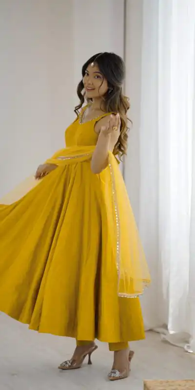 Yellow Roman Silk Chanderi Mirror Work Gown | Jump Suits, Salwar suit, Casual Suits, Creative suits, Designer Suits, Palazzo Suits, Party Wear Suits, Patiala Suits, Straight Suits