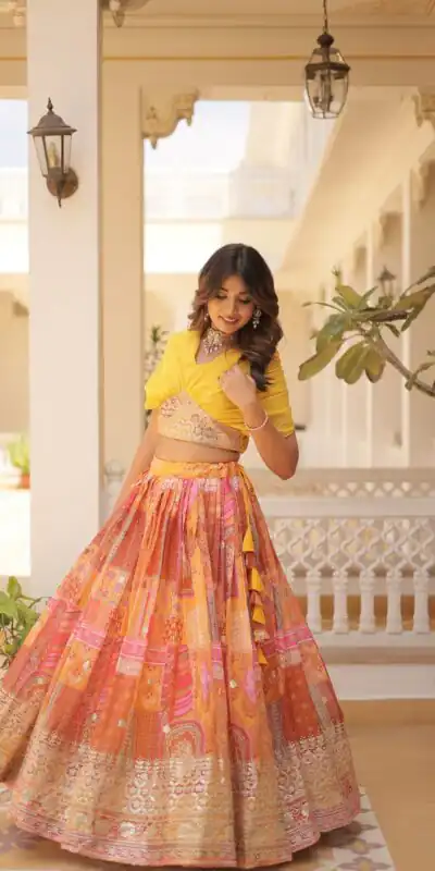 Yellow Russian Silk Embroidery Work Lehenga Choli | Lehenga, Bollywood Lehenga, Creative Lehenga, Designer Lehenga, Embroidered Lehenga, Party Wear Lehenga