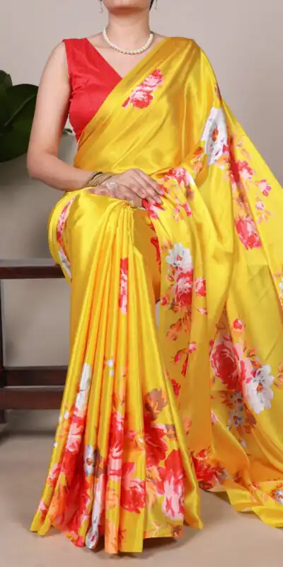 Yellow Satin Silk With Floral Printed Saree | Sarees, Bollywood Sarees, Creative Sarees, Designer Sarees, Embroidered Sarees, Ethnic Saree, Modern Digital sarees, Party Wear Sarees