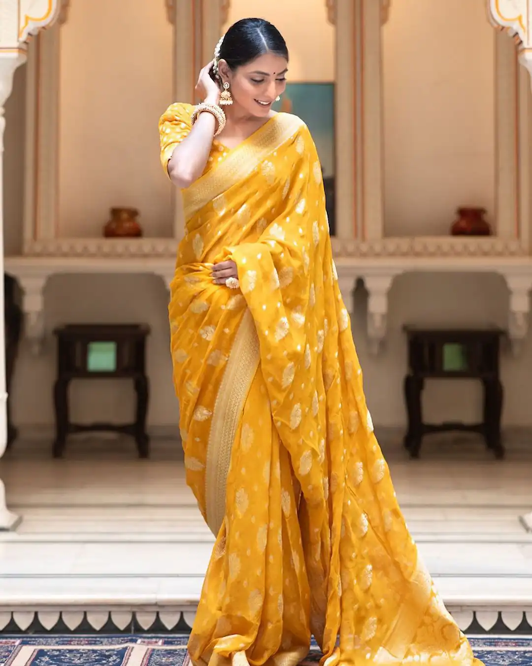 Yellow Soft Lichi Silk Jacquard Work Saree | Sarees, Bollywood Sarees, Creative Sarees, Designer Sarees, Embroidered Sarees, Ethnic Saree, Modern Digital sarees, Party Wear Sarees