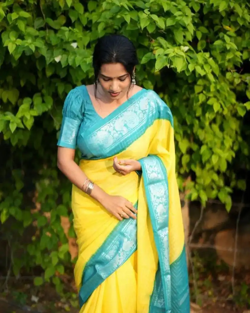 Yellow Soft Lichi Silk With Lace Saree | Sarees, Bollywood Sarees, Creative Sarees, Designer Sarees, Embroidered Sarees, Ethnic Saree, Modern Digital sarees, Party Wear Sarees