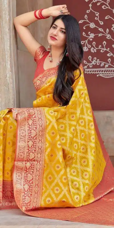 Yellow Soft Silk Jacquard Saree | Sarees, Bollywood Sarees, Creative Sarees, Designer Sarees, Embroidered Sarees, Ethnic Saree, Modern Digital sarees, Party Wear Sarees