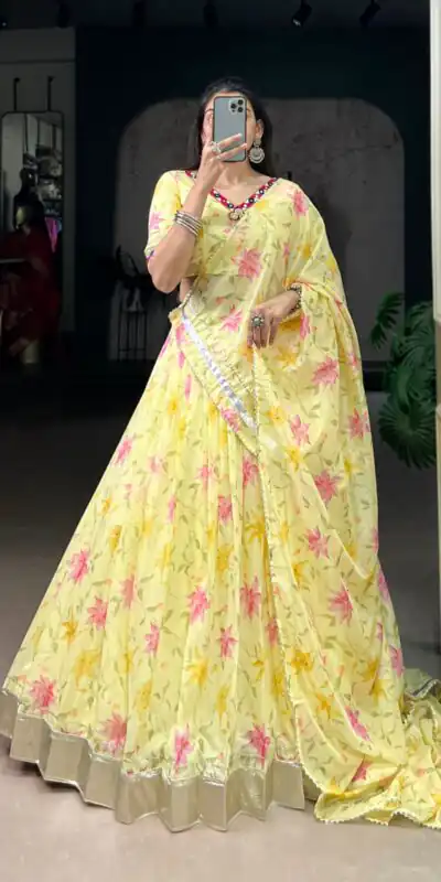 Yellow Tabby Embossed Print Lehenga Choli | Lehenga, Bollywood Lehenga, Creative Lehenga, Designer Lehenga, Embroidered Lehenga, Party Wear Lehenga