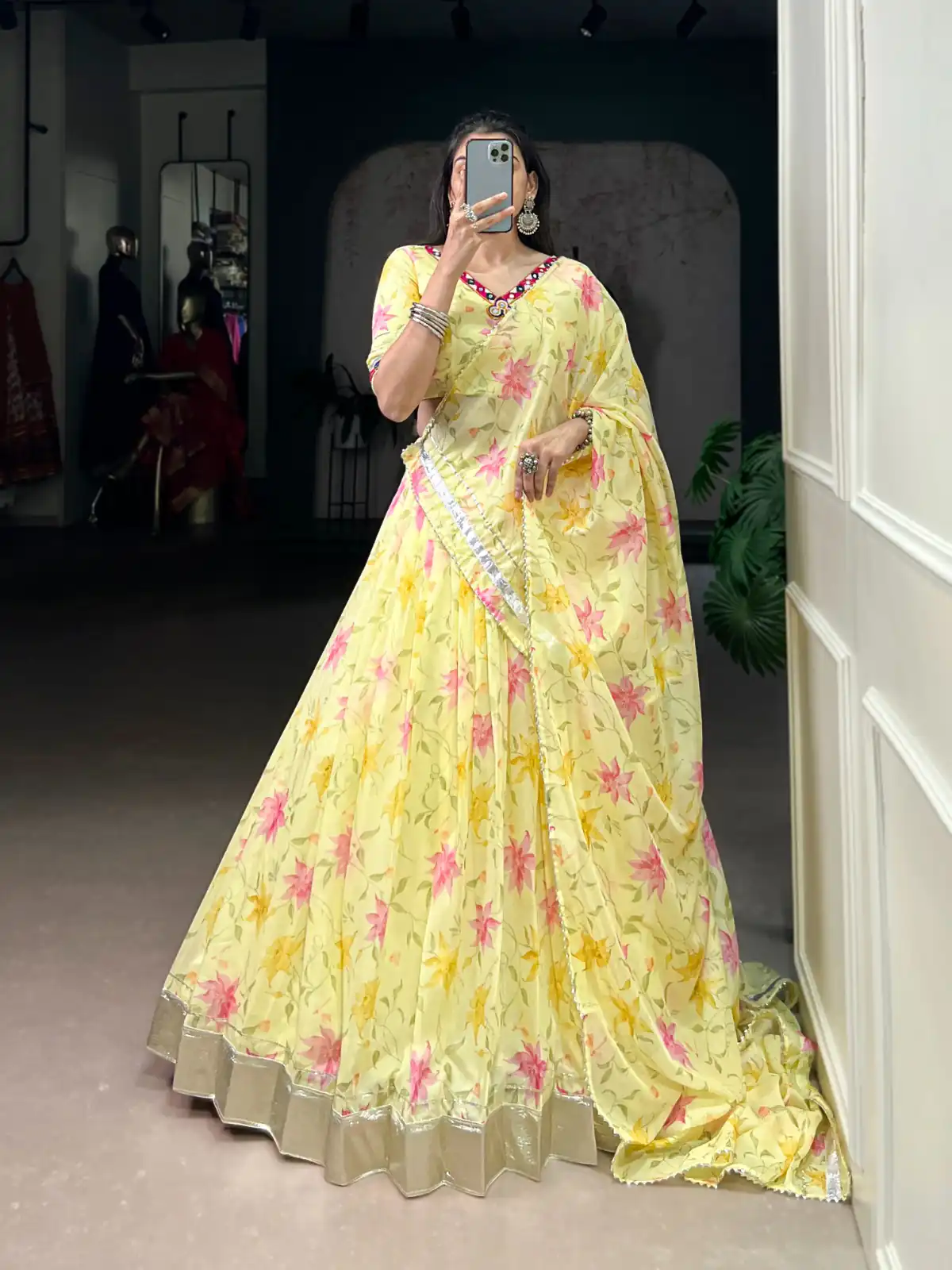 Yellow Tabby Embossed Print Lehenga Choli | Lehenga, Bollywood Lehenga, Creative Lehenga, Designer Lehenga, Embroidered Lehenga, Party Wear Lehenga