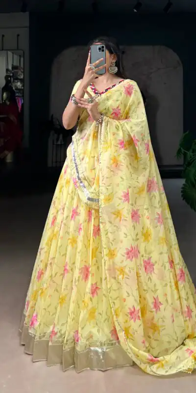 Yellow Tabby Embossed Print Lehenga Choli | Lehenga, Bollywood Lehenga, Creative Lehenga, Designer Lehenga, Embroidered Lehenga, Party Wear Lehenga