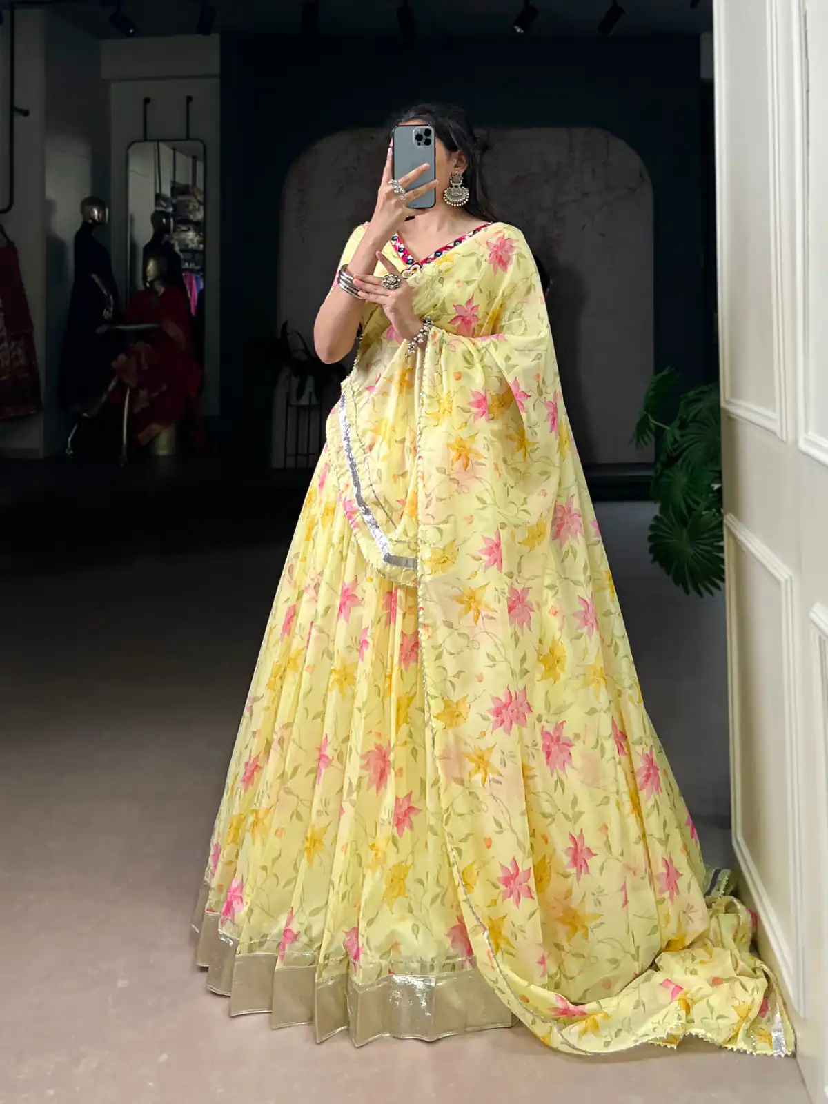 Yellow Tabby Embossed Print Lehenga Choli | Lehenga, Bollywood Lehenga, Creative Lehenga, Designer Lehenga, Embroidered Lehenga, Party Wear Lehenga