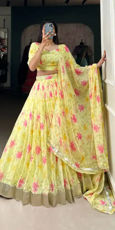 Yellow Tabby Silk Lace Work Lehenga Choli | Lehenga, Bollywood Lehenga, Creative Lehenga, Designer Lehenga, Embroidered Lehenga, Party Wear Lehenga