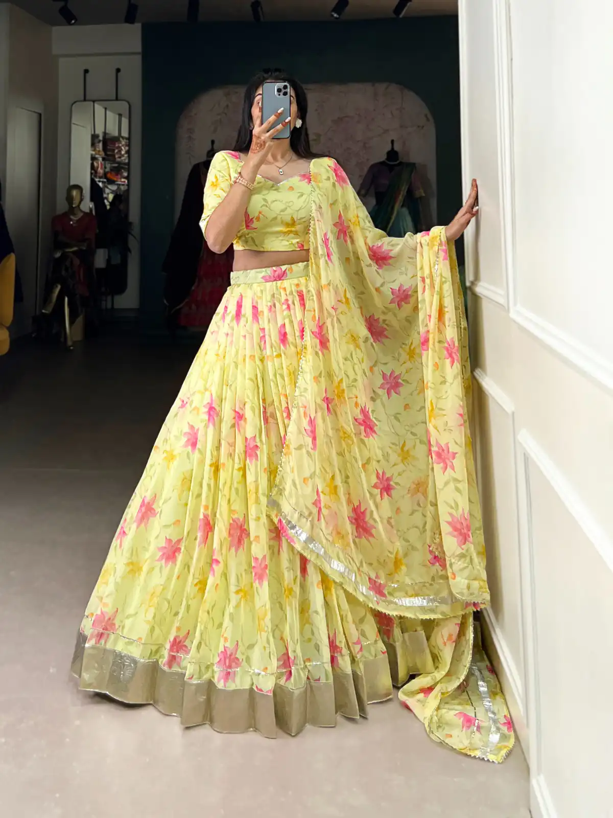 Yellow Tabby Silk Lace Work Lehenga Choli | Lehenga, Bollywood Lehenga, Creative Lehenga, Designer Lehenga, Embroidered Lehenga, Party Wear Lehenga