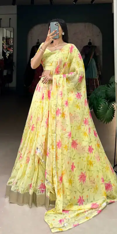 Yellow Tabby Silk Lace Work Lehenga Choli | Lehenga, Bollywood Lehenga, Creative Lehenga, Designer Lehenga, Embroidered Lehenga, Party Wear Lehenga