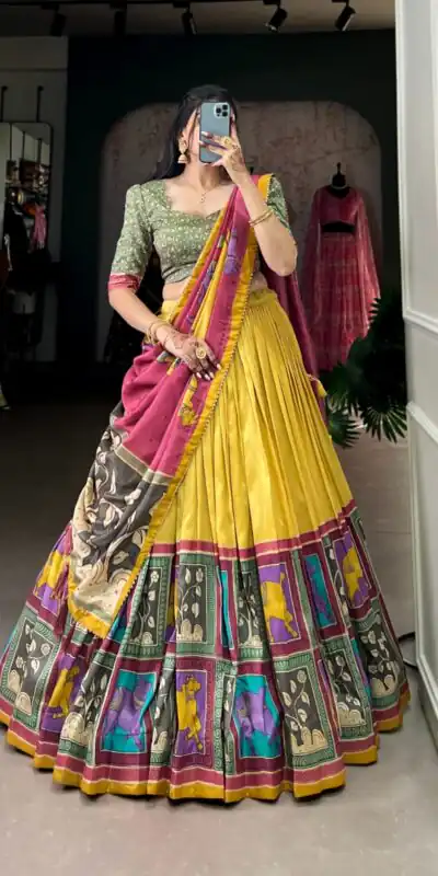 Yellow Tasar Kalamkari Lehenga Choli | Lehenga, Bollywood Lehenga, Creative Lehenga, Designer Lehenga, Embroidered Lehenga, Party Wear Lehenga