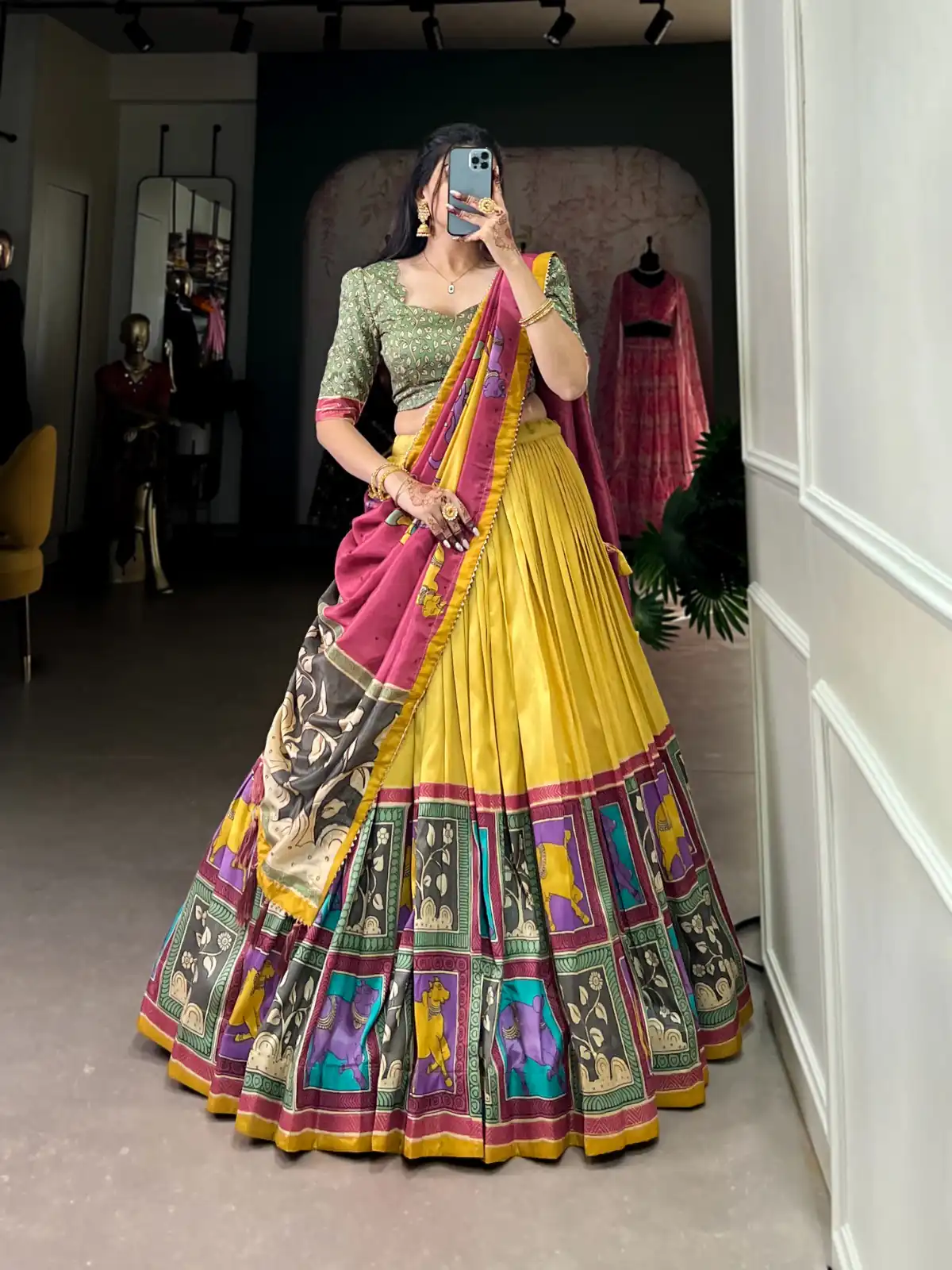 Yellow Tasar Kalamkari Lehenga Choli | Lehenga, Bollywood Lehenga, Creative Lehenga, Designer Lehenga, Embroidered Lehenga, Party Wear Lehenga