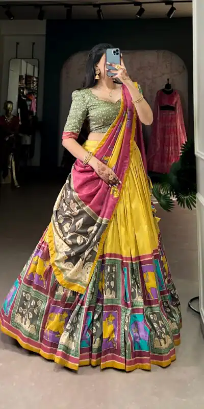 Yellow Tasar Kalamkari Lehenga Choli | Lehenga, Bollywood Lehenga, Creative Lehenga, Designer Lehenga, Embroidered Lehenga, Party Wear Lehenga