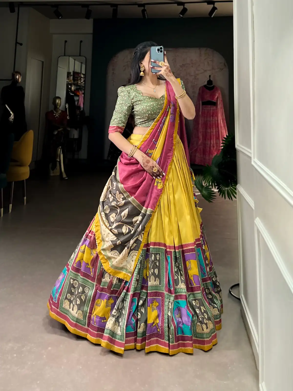 Yellow Tasar Kalamkari Lehenga Choli | Lehenga, Bollywood Lehenga, Creative Lehenga, Designer Lehenga, Embroidered Lehenga, Party Wear Lehenga