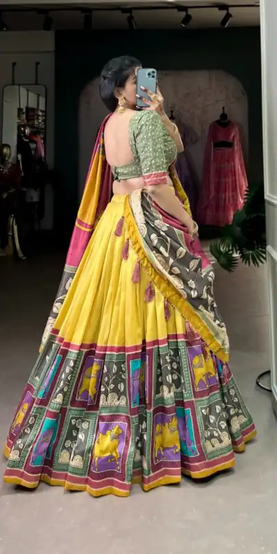 Yellow Tasar Kalamkari Lehenga Choli | Lehenga, Bollywood Lehenga, Creative Lehenga, Designer Lehenga, Embroidered Lehenga, Party Wear Lehenga