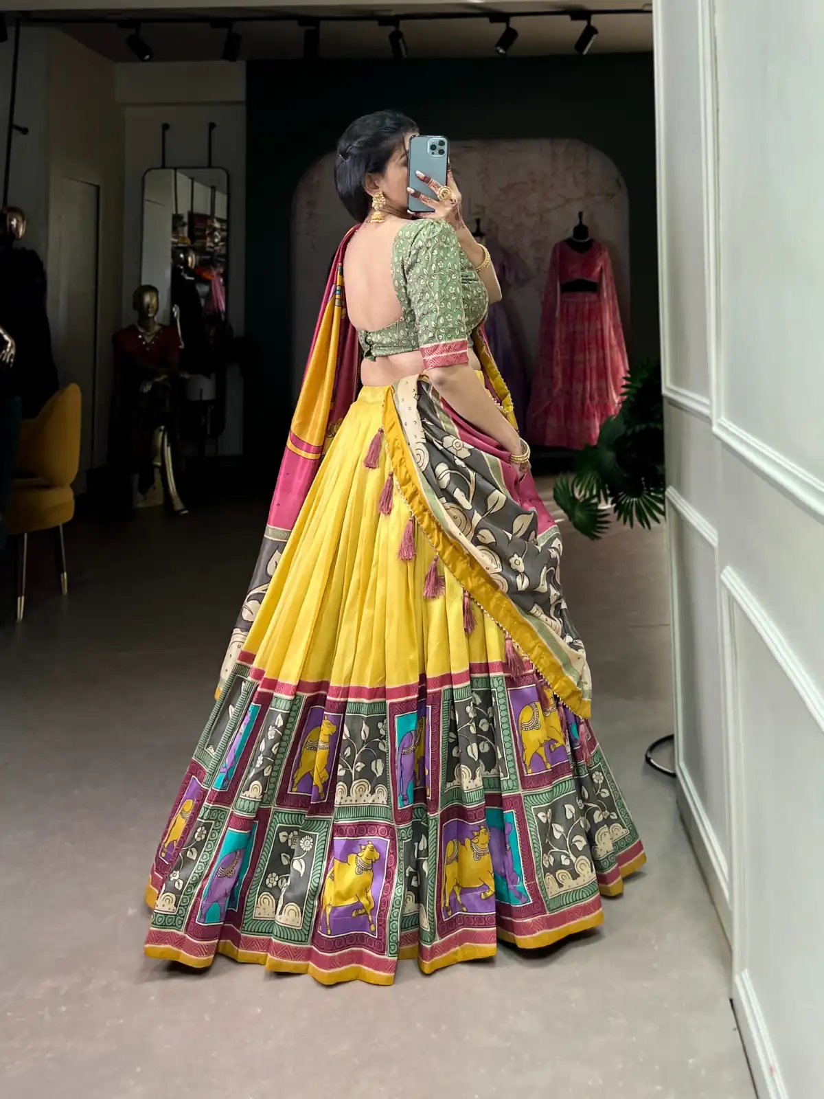 Yellow Tasar Kalamkari Lehenga Choli | Lehenga, Bollywood Lehenga, Creative Lehenga, Designer Lehenga, Embroidered Lehenga, Party Wear Lehenga