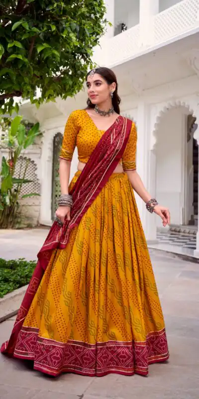 Yellow Tasar Silk Bandhej Print Lehenga Choli | Lehenga, Bollywood Lehenga, Creative Lehenga, Designer Lehenga, Embroidered Lehenga, Party Wear Lehenga