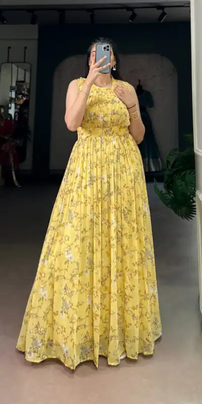 Yellow Weightless Marbal Floral Print Gown | Gowns, Bollywood Gowns, Creative Gowns, Designer Gowns, Embroidered Gowns, Party Wear Gowns